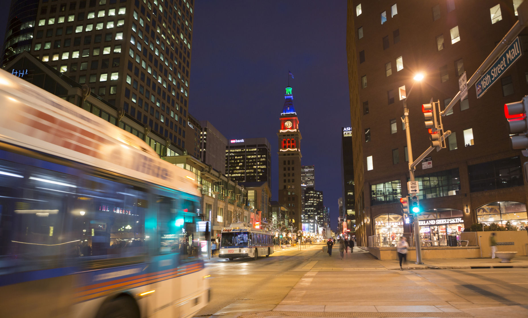 16th Street and Larimer in Denver Colorado at night RTD bus MallRide